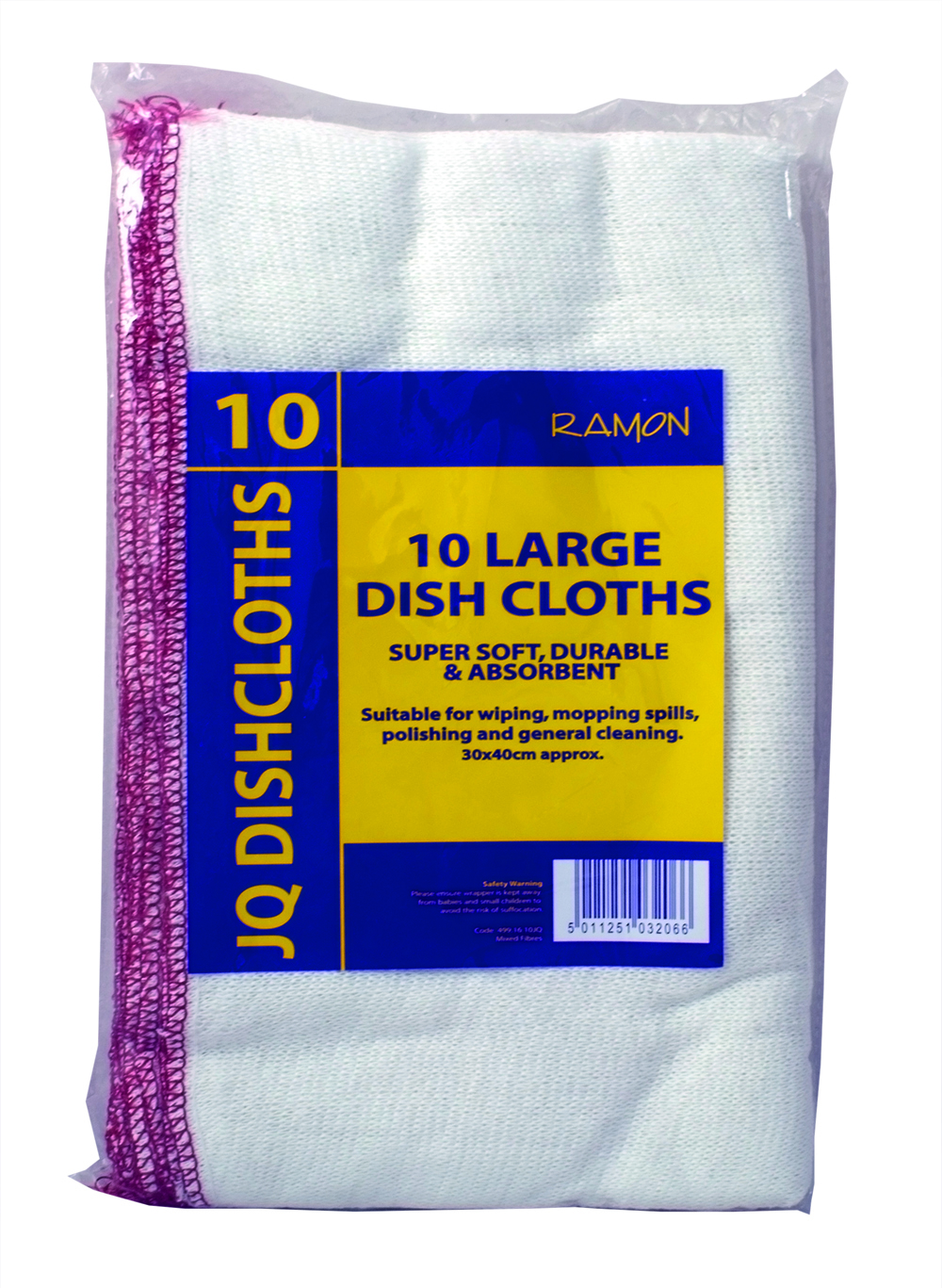 Ramon Large White JQ Dishcloths Red Overlock Pack of 10 | Heavy Duty Cleaning Cloths